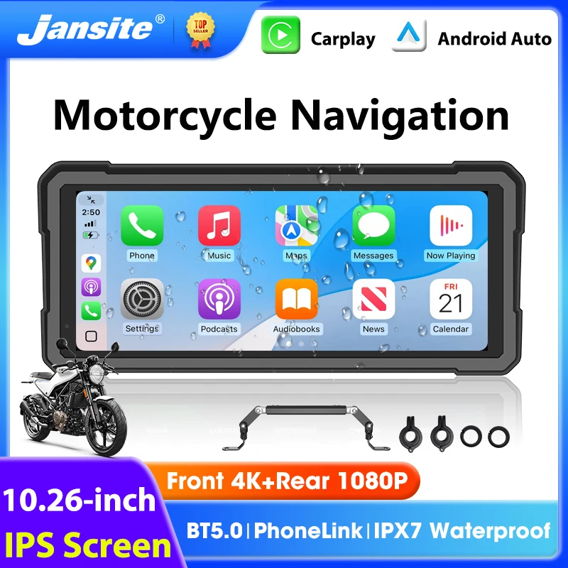 Tragbares 10,26"-Motorrad-GPS-Navigationsgerät 4K+1080P Dual-Lens Moto DVR Wireless Carplay Android Auto IPX7 Wasserdichtes Display