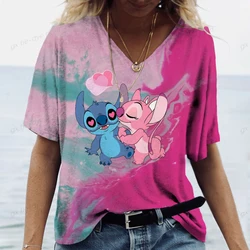 Summer Casual V-neck T-shirt Women's Disney Print Shirt Top Loose Stitch Women's Street Wear Short Sleeve Clothes S-5XL