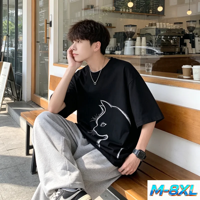 [M-8xl] Men's Summer Fashion Discount Cat Print Blazers With Cotton Fabric Windproof Long Neck Blazers Large Size Short Sleeve
