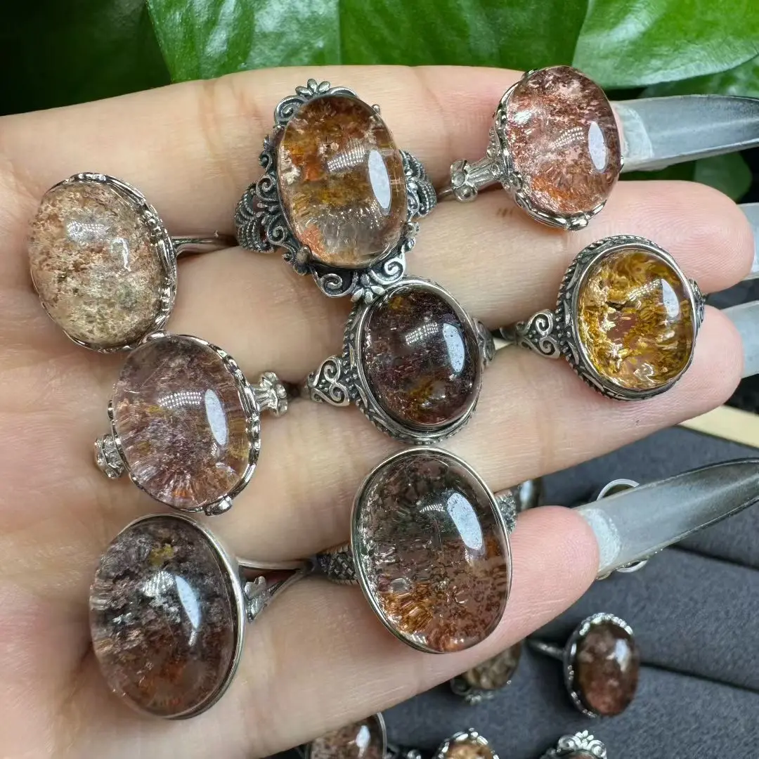 

1 Pc Fengbaowu Natural Stone Colorful Garden Phantom Quartz Lodolite Ring Oval Cabochon 925 Sterling Silver Fashion Jewelry Gift