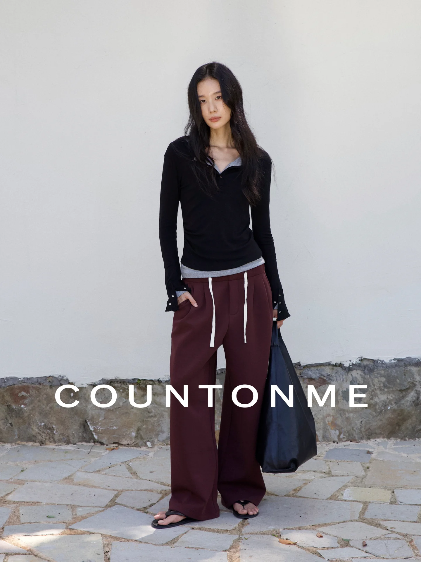 

COUNTONME Casual Sle Long Sve Wool Blend Henry Collar Slim Fit T-irt High Waist Dstring Women's Top Casual Wear