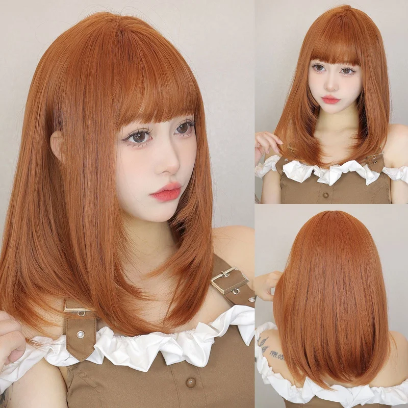 

Korean and Japanese dopamine wig, orange collarbone-length straight hair with air bangs, girl group style, synthetic fiber full