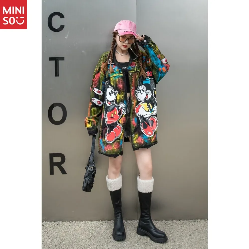 

Disney Cartoon Graffiti Sequined Beaded Personalized Denim Jacket Women's Loose Medium and Long Trench Coat Autumn