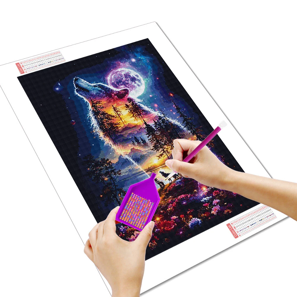 Huacan Diamond Painting Wolf Moon Diamond Mosaic Animal Landscape Complete Kit Home Decoration