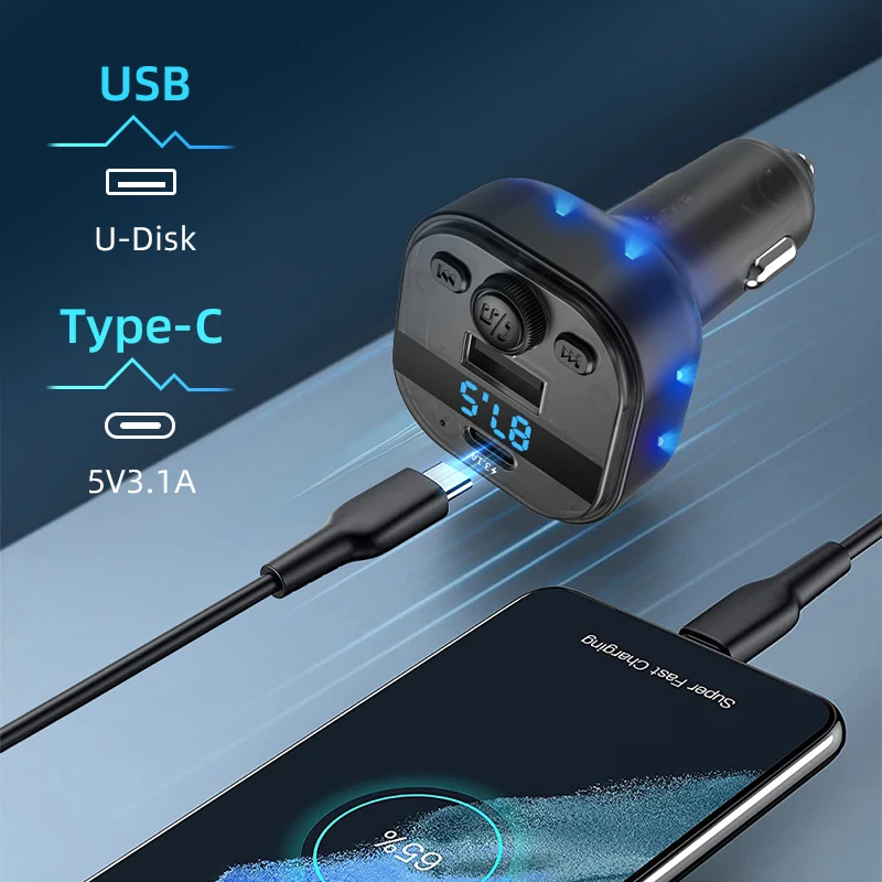 بلوتوث 5.0 سيارة FM الارسال PD نوع-C شاحن سيارة مزدوج USB المحيطة لاعب MP3 شاحن ضوء لاسلكي يدوي PD QC3.0