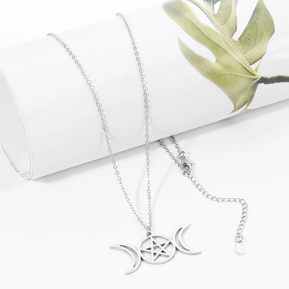 Creative Trend Double Moon Hollow Pentagram Necklace Stainless Steel Pendant Exquisite Jewelry Accessory view 3