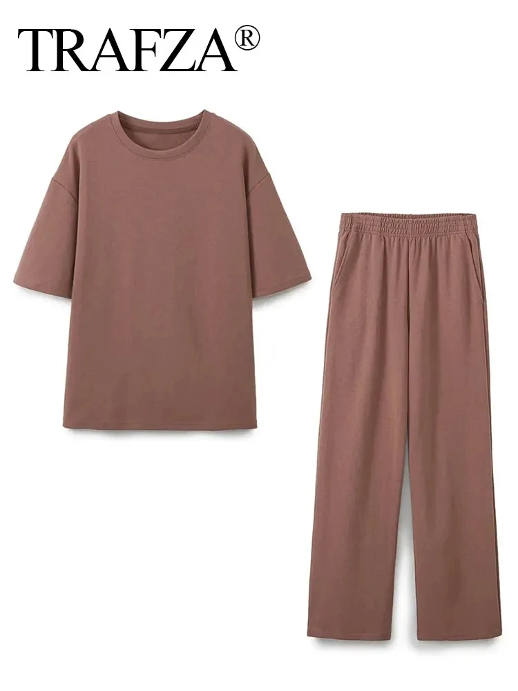 TRAFZA 2024 New Summer Woman Trouser Sets Solid O Neck Short Sleeves T-Shirt Top + Elastic Waist Pockets Kobiece luźne długie spodnie