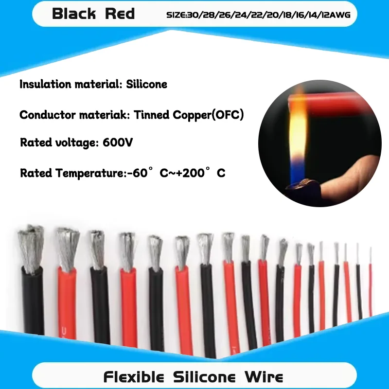 Super Soft Flexible Silicone Red Black 1~20M 30/28/26/24/22/20/18/16AWG Wire Heat Resistant Car Battery Electrical Power Cable