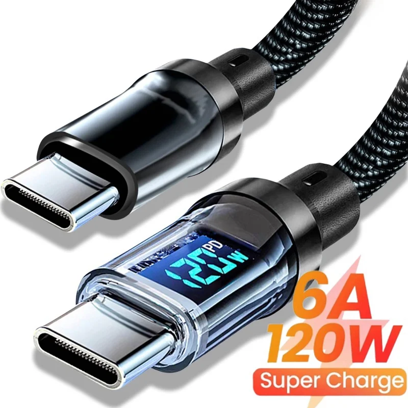 120W USB Type C Cable With LED Display Super Fast Charging Cables USB A/USB C To Type-C Data Cord For iPhone Samsung Xiaomi