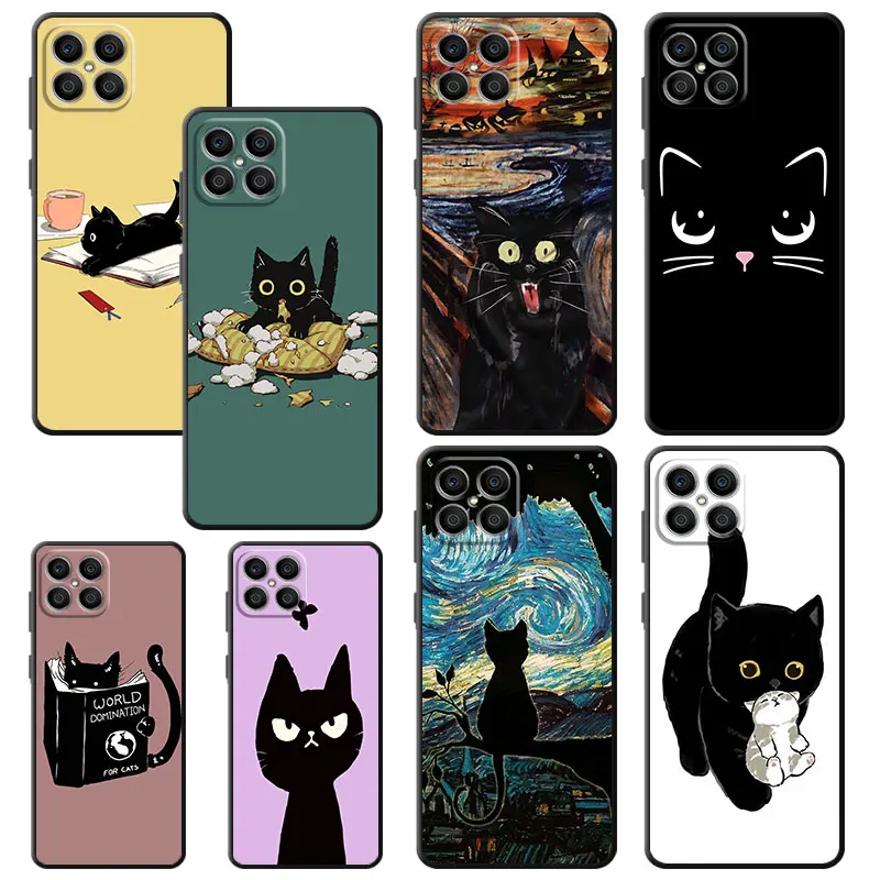 Cat Cartoon Cute Black Soft Case for Honor Play 9A 30i 20 Lite 8X 50 Pro 60 X8 9X Pro 70 X7 X6 X40 20i Cover Coque Black