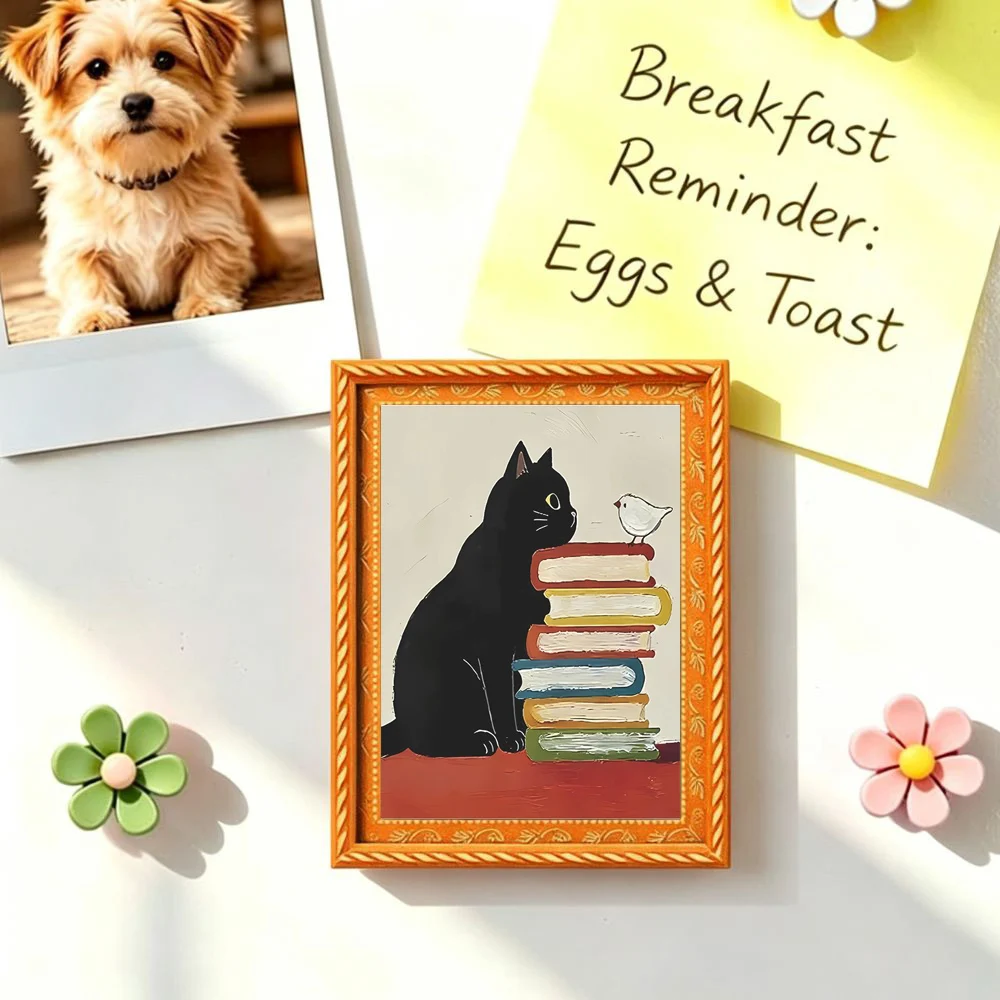 1 Cute Black Cat Wooden Fridge Magnet, Featuring a Black Cat Lying on a Book and Looking at Birds in a Humorous Style, Mini-Style Design, Suitable for Decorating Kitchen Fridge Doors, Fun Gifts and Holiday Favors, Creative Magnets That Add Joy to Life