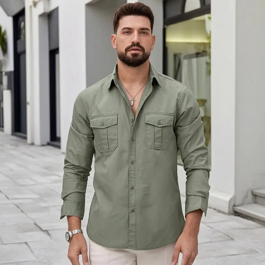 Men's Long Sleeve Button Down Shirt, Casual Lapel Shirt with Chest Pockets, Regular Fit Lightweight Loose Shirt for Daily Office