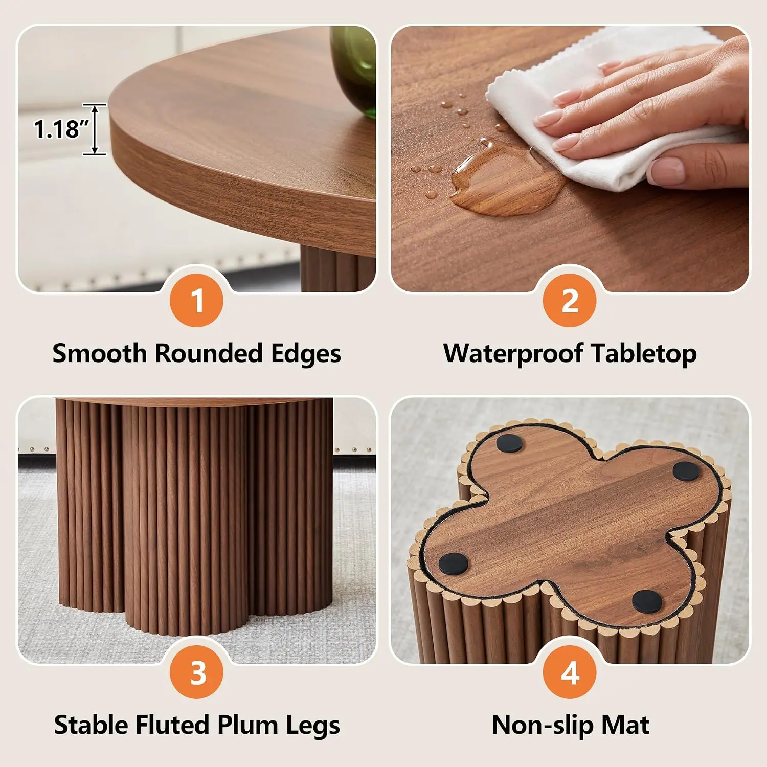 Fluted Round Nesting Coffee Tables Set of 2 Walnut Living Room Accent Furniture, Customized