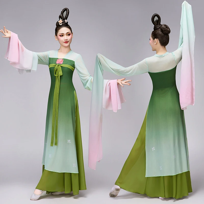 Full Set Chinese Classical Costume Stage Long Water Sleeve Gradient Color Chiffon Folk Dance Clothing (tops + Pants + Hair Bun)
