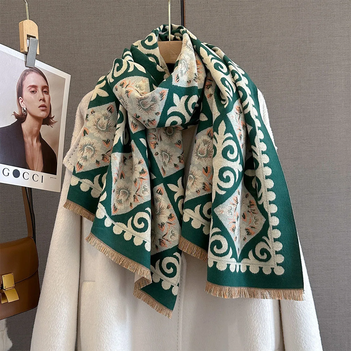 Selendang Kasmir Cetak Duplex Musim Dingin Model Terbaru Wanita Berkualitas Tinggi Tebal Selendang Pashmina Jacquard Mewah