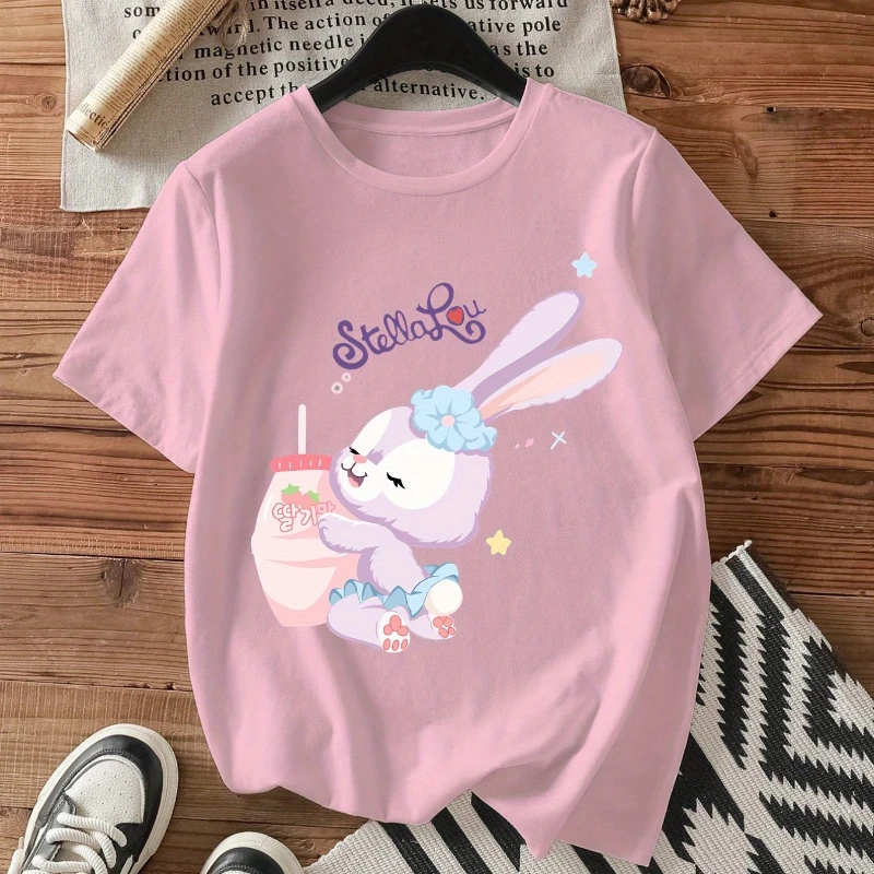 

Disney Women's StellaLou Rabbit Pattern T-shirt - Cotton Breathable Round Neck Loose Casual Short Sleeve, Cute Cartoon Print