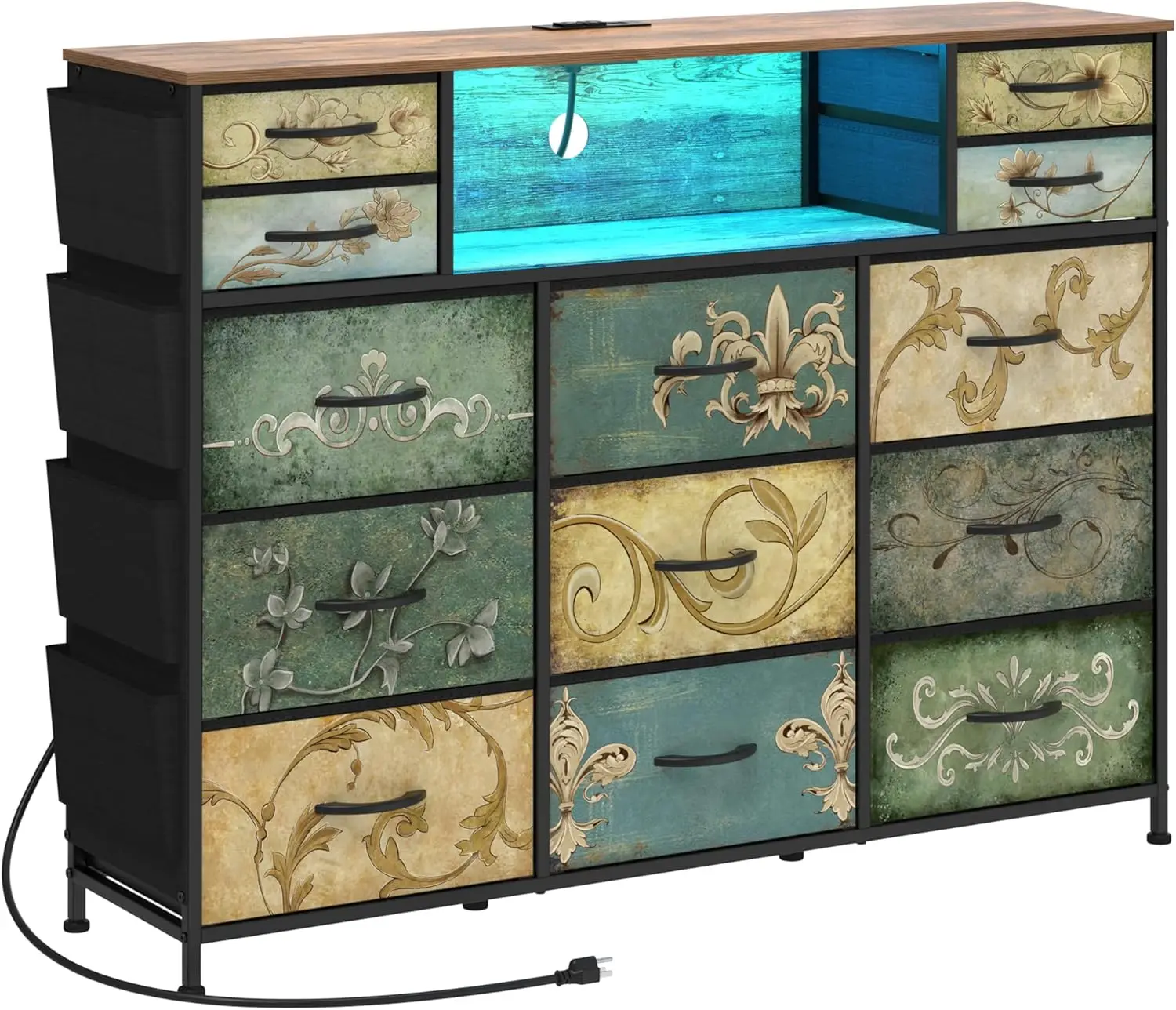 13-Drawer Retro Dresser with Charging Station and LED Light for Bedroom, Boho Fabric Drawers, TV Stand with Open Shelf Storage