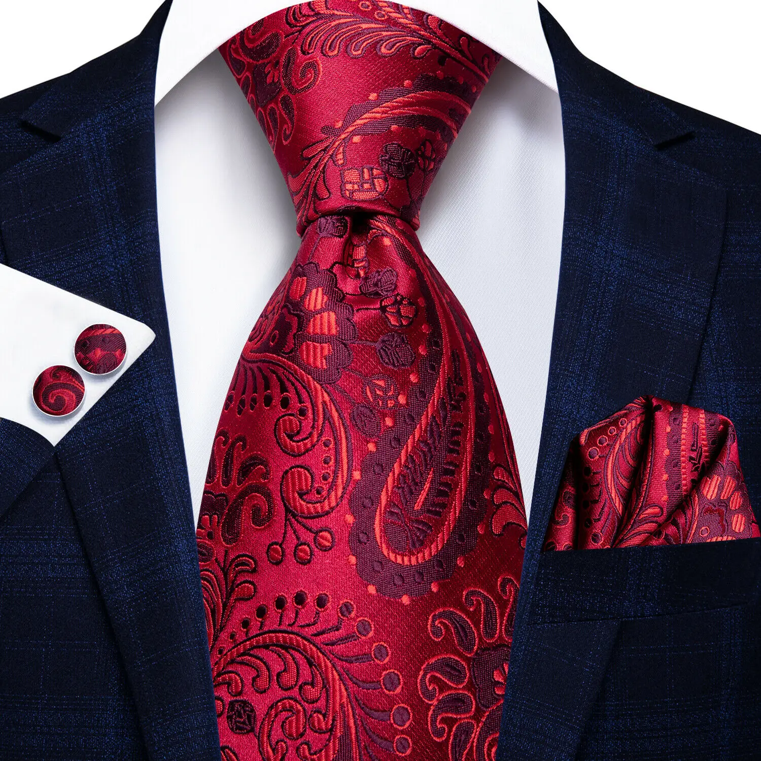 

Red Paisley 2025 Wholesale New Elegant Men Tie Hanky Cufflink Silk Necktie For Men Wedding Party Business Fashion Brand Hi-Tie