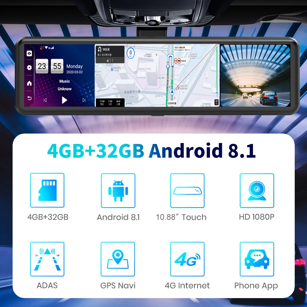 4G Dash Cam Android Mirror ADAS Car DVR GPS Navigation 1080P Video Recorder Dashboard Camera WiFi Remote Live View Night Vision