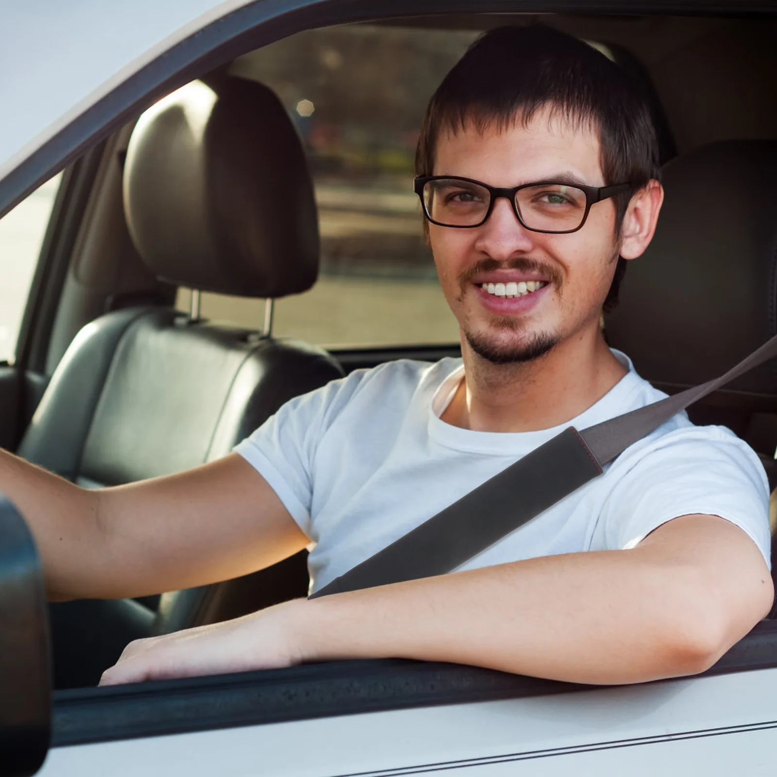 

2pcs Safety Belt Covers 33Cm Black Pu Shoulder Pads Breathable Strap Protectors Hook Loop Installation For Car Auto Backpack