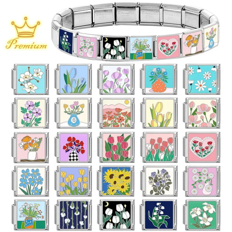 Fashion Pink Flowers Series Tulip Heart Lily of the valley Italian Charm Links Fit 9mm Bracelet Stainless Steel Women DIY Making