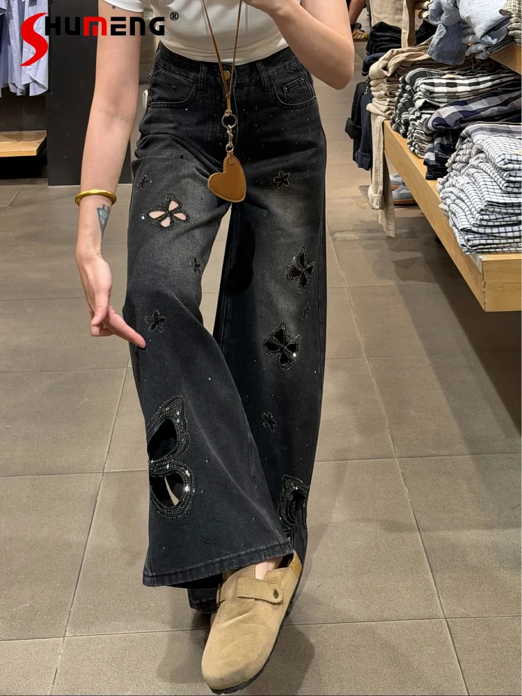 

Over Size Fashion Hollow Hot Diamond Jeans Women 2026 New Sexy Stylish Denim Trousers Trendy Loose Straight Wide Leg Denim Pants