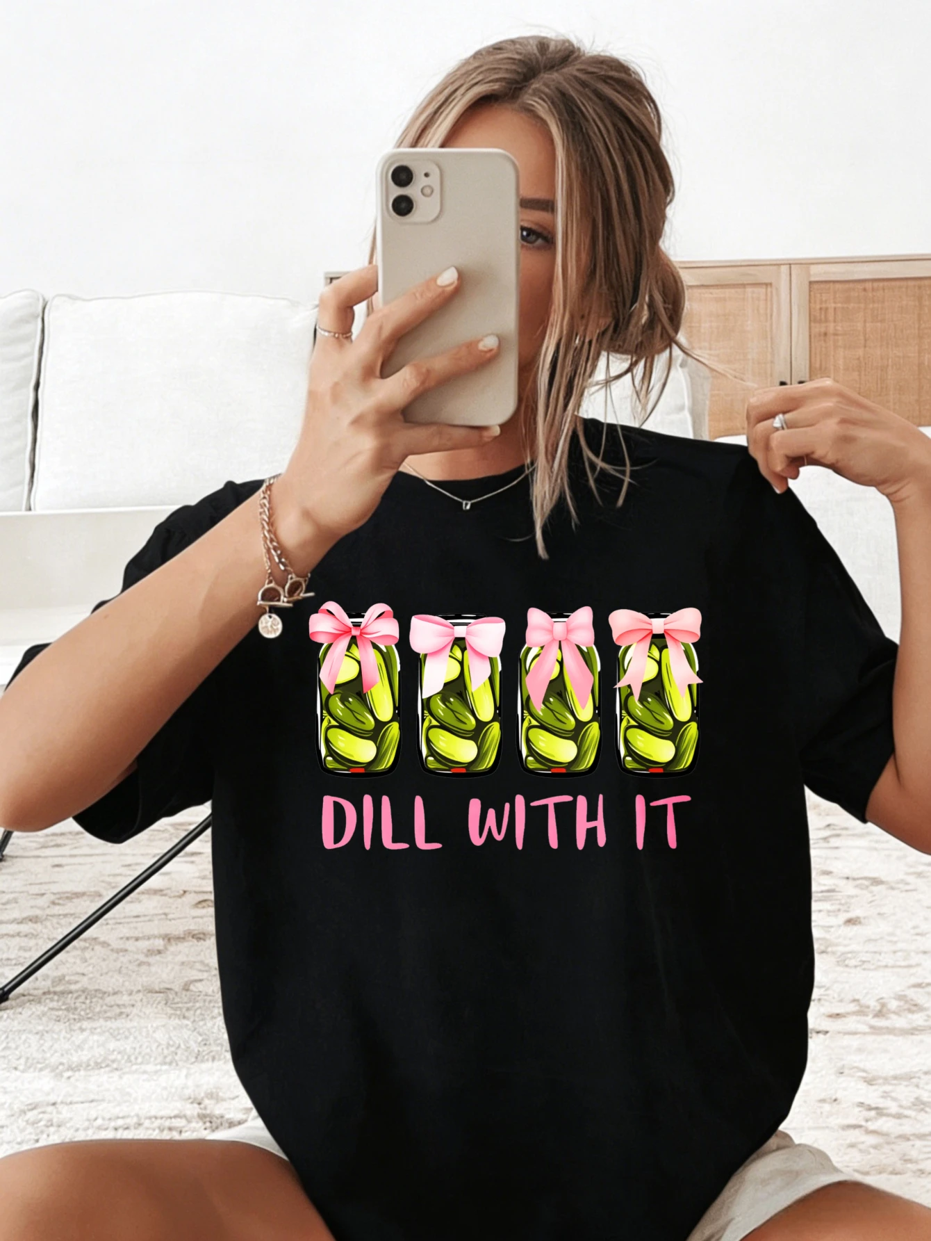 

Женские футболки с забавным принтом «Dill With It» и изображением маринованных огурцов, хлопковая футболка оверсайз, повседневная летняя футболка