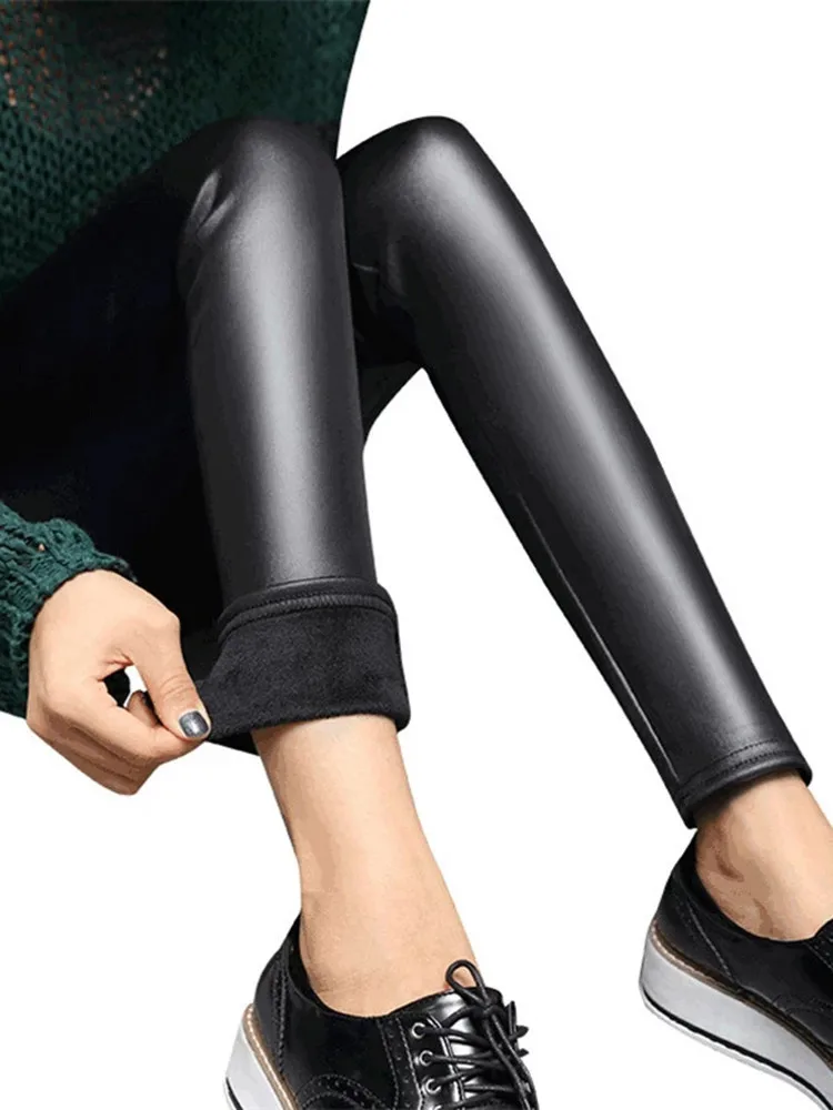 YRRETY Women Winter Faux Leather Velvet Warm Pants High Waist Trousers Thick Stretch Fleece Lining Skinny Ankle-Length Pants