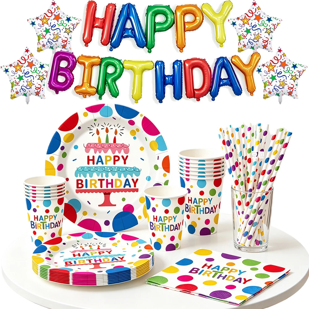 Paper Straw Color - Colorful Polka Dot Happy Birthday Disposable