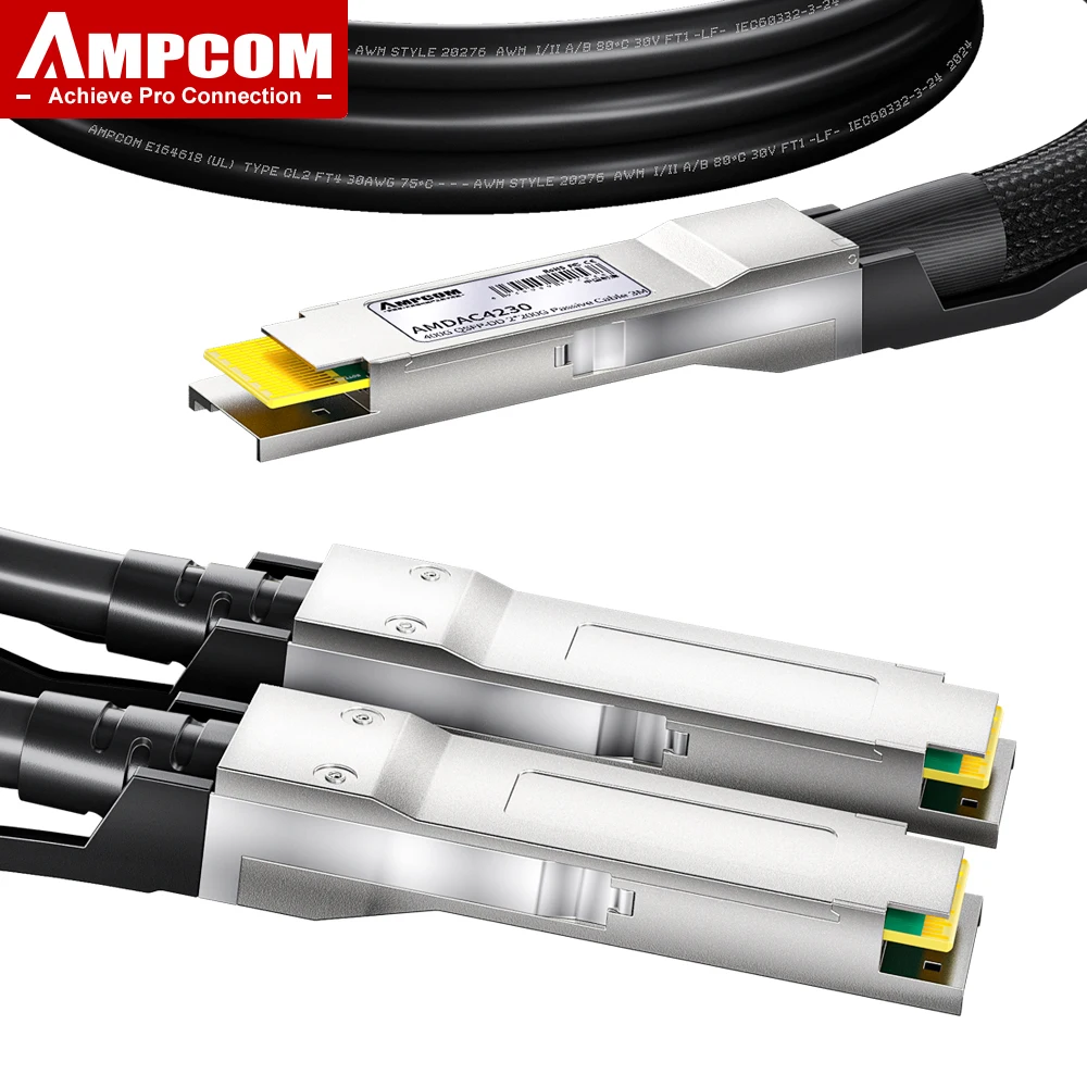 AMPCOM 400G PAM4 QSFP-DD to 2x 200G QSFP56 Passive Direct Attach Twinax Copper Breakout Cable, DAC 400G to 2x200G for Cisco etc