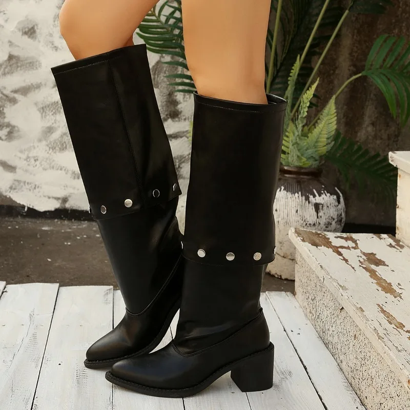 

2025 New Studded Tall Boots Autumn New Pointed Toe Sleeve Soft Sole Anti-slip Wear-resistant Block Heel Shoes Женские Ботинки