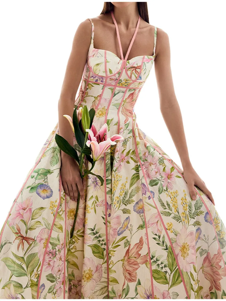 2026 Neues Boho Blumenmuster Neckholder Maxikleid für Damen Korsett-Bustier Rosa Besatz A-Linie Fließendes Sommer-Urlaubskleid für den Strand – Detail 13