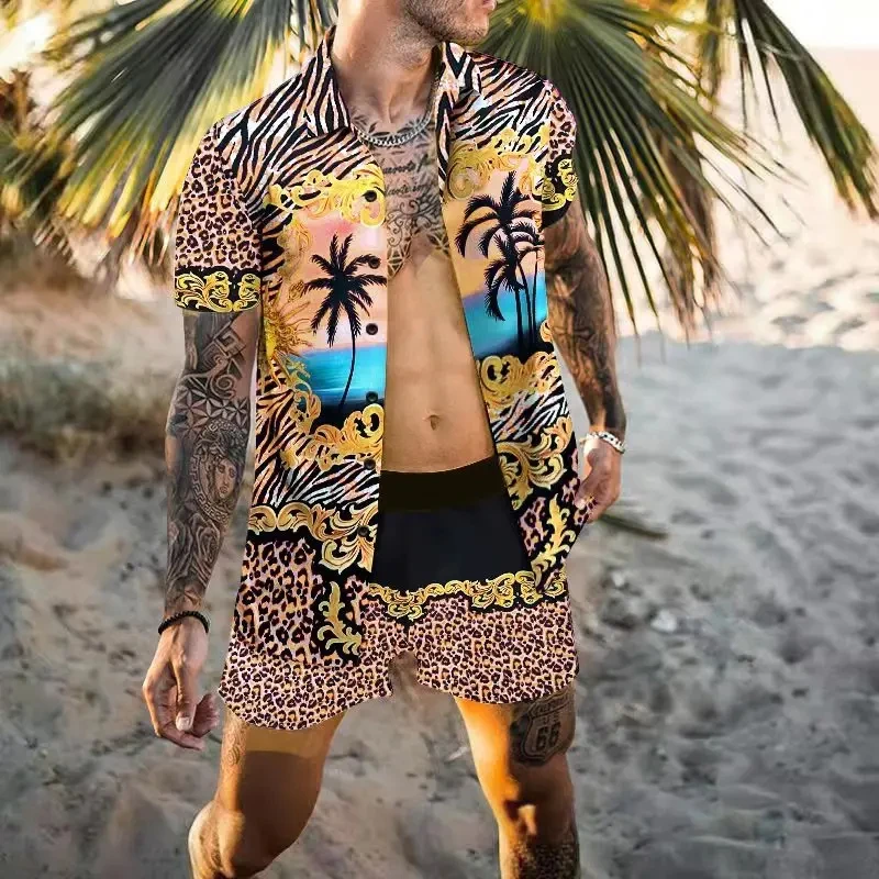 Summer Exquisite Men's Shirt Set Coconut Print Short Sleeve Top Leopard Print Shorts 2 Piece Hawaii Beach Men's Fashion Clothing