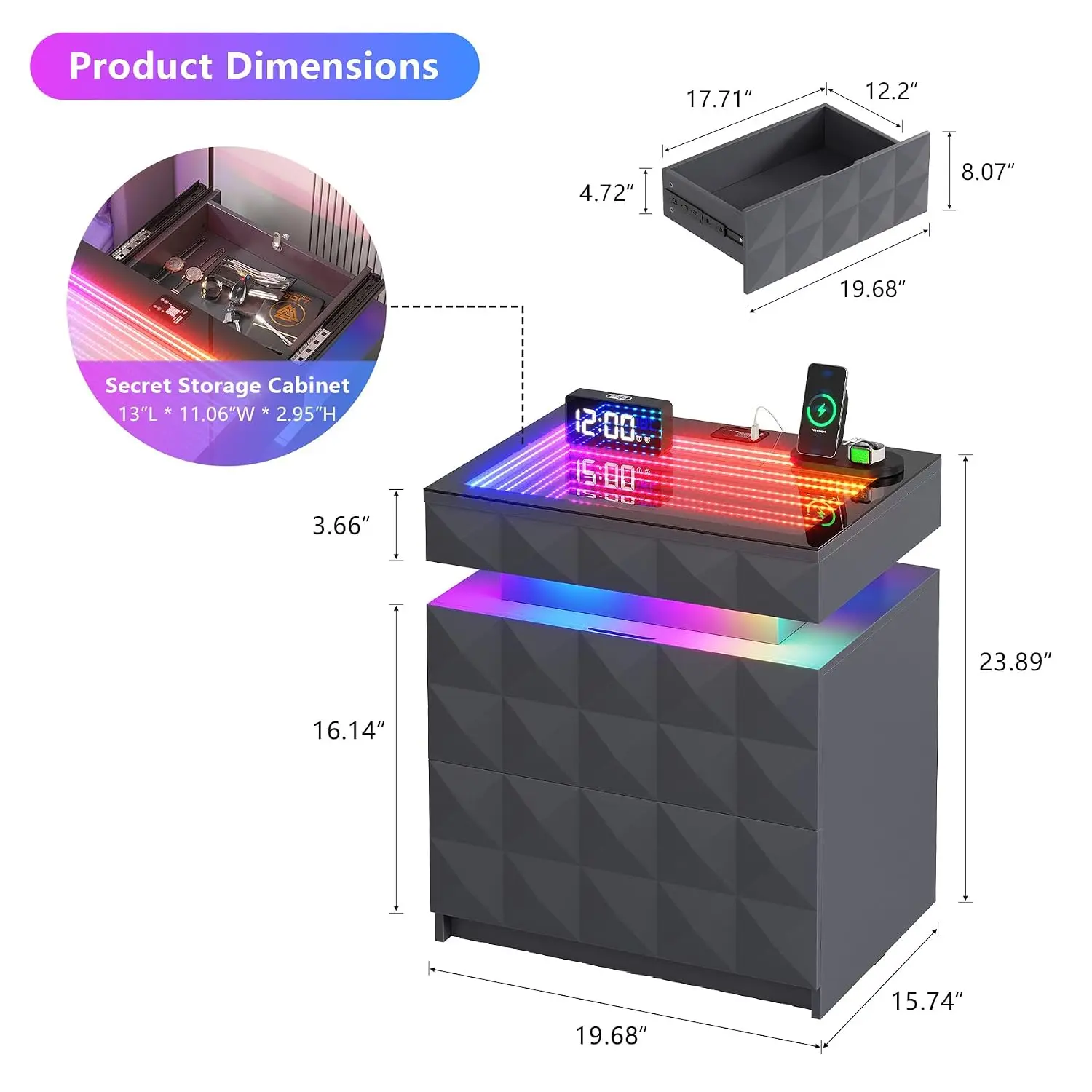 Nightstand with Charging Station & RGB Lights, Bedroom Side Table with USB Ports, Modern Bedside Table, Customized