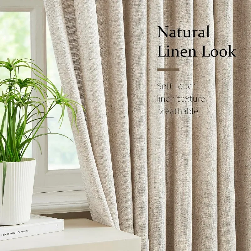 Linen Pinch Pleated Curtains 96 Inches Long,  Semi Sheer Pleat Drapes , Light Filtering Neutral Farmhouse Window Drapes 2 Panels