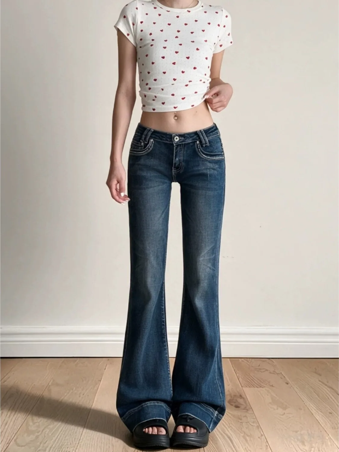 Retro Washed Low Waist Bell Bottom Jeans Women's plus Size Faded Slimming Stretchy Floor Length Pants Ladies Denim Jeans