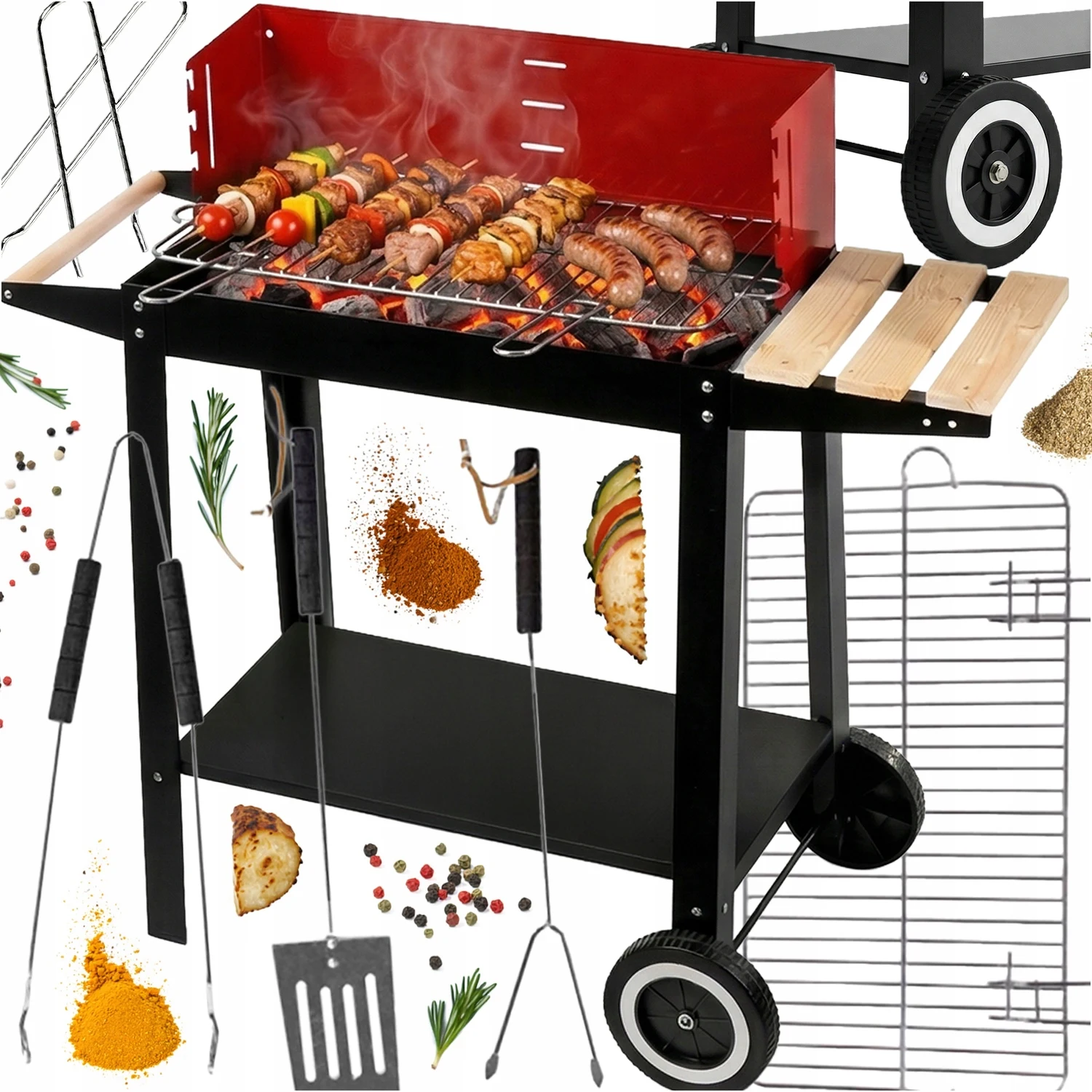Parrilla de carbón para jardín con ruedas y tapa, regulación de aire, estantes laterales y inferiores, parrilla cromada, caja de fuego esmaltada, acero con recubrimiento en polvo, incluye espátula