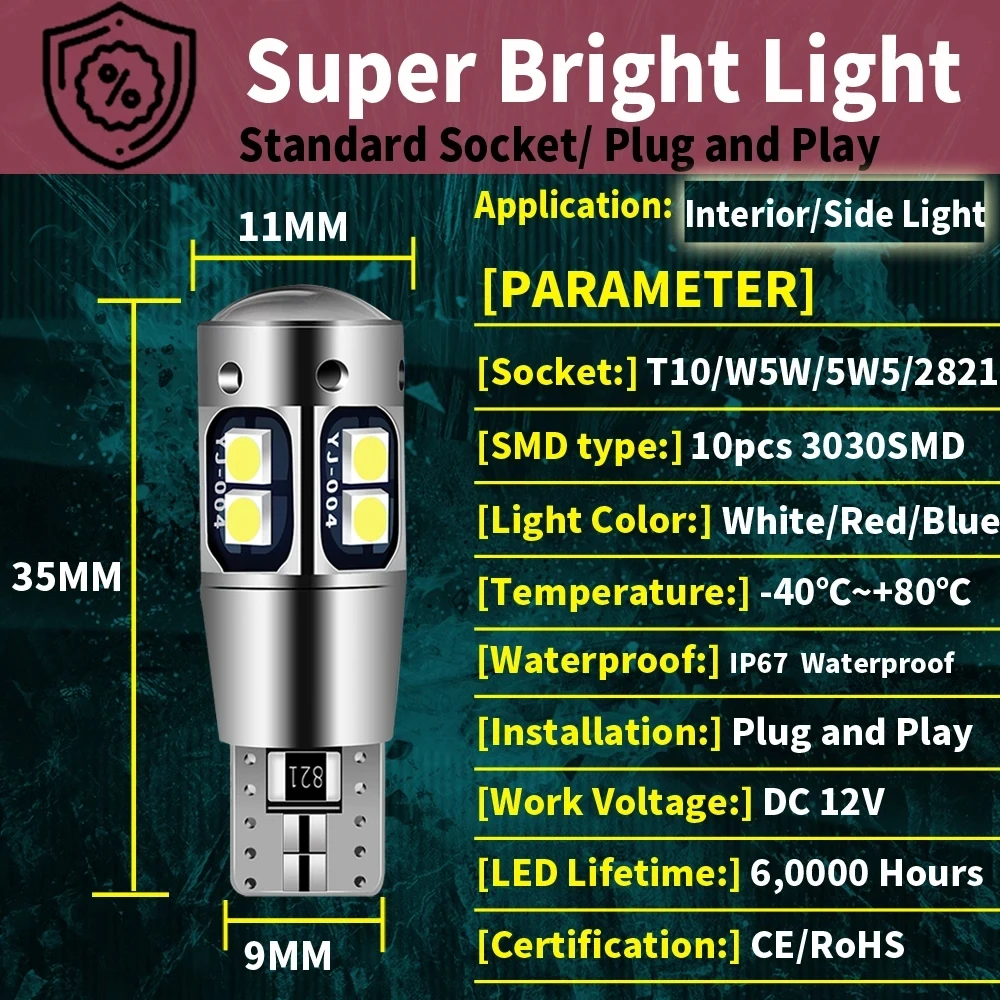 2Pcs Super Brigh T10 W5W 168 192 Led Tail Light White 3030 10SMD 12V Car Led Auto Lamp CANBUS NO Error Car Marker Parking Bulb