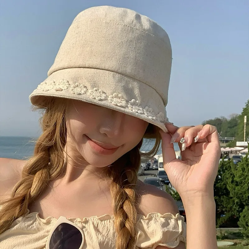 بلون ظلة قبعة بحافة المرأة زهرة القطن الكتان حافة طوي صياد قبعة سيدة فتاة في الهواء الطلق الشاطئ السفر قبعات الشمس