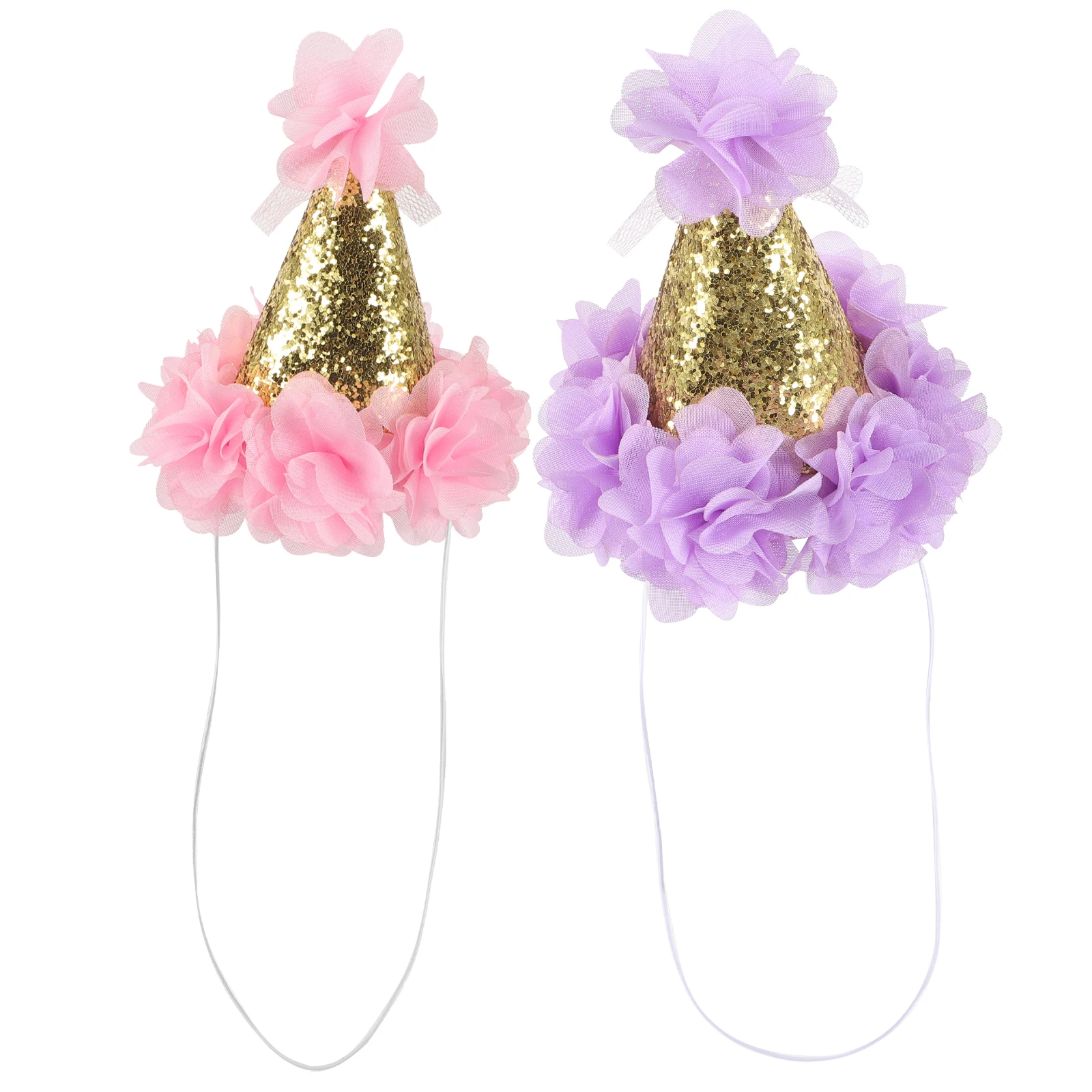 

2pcs Princess Hats Birthday Party Glitter Flower Decorative Kids 1st Cone Hat Reusable Comfortable Baby Prop Storage Bag
