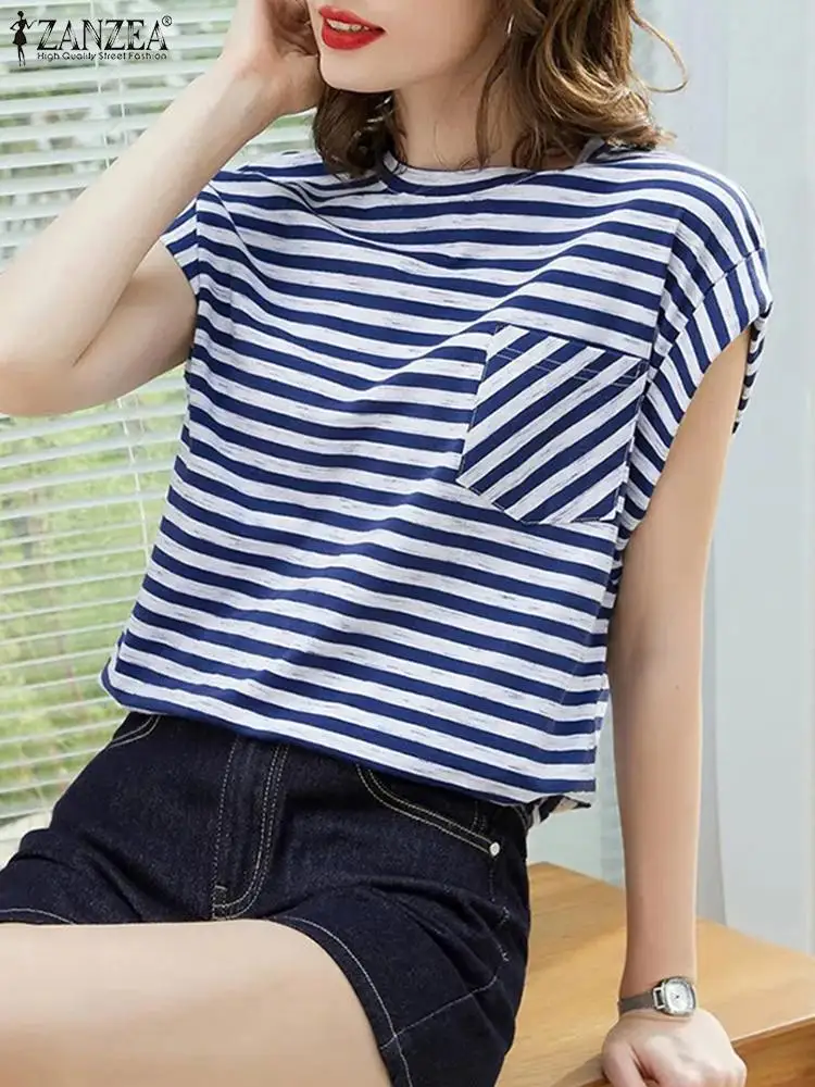 Fashion Summer Blouse Women Elegant O Neck Short Sleeve Striped Shirt ZANZEA Casual Office Work Tops Loose OL Blusas Chemise