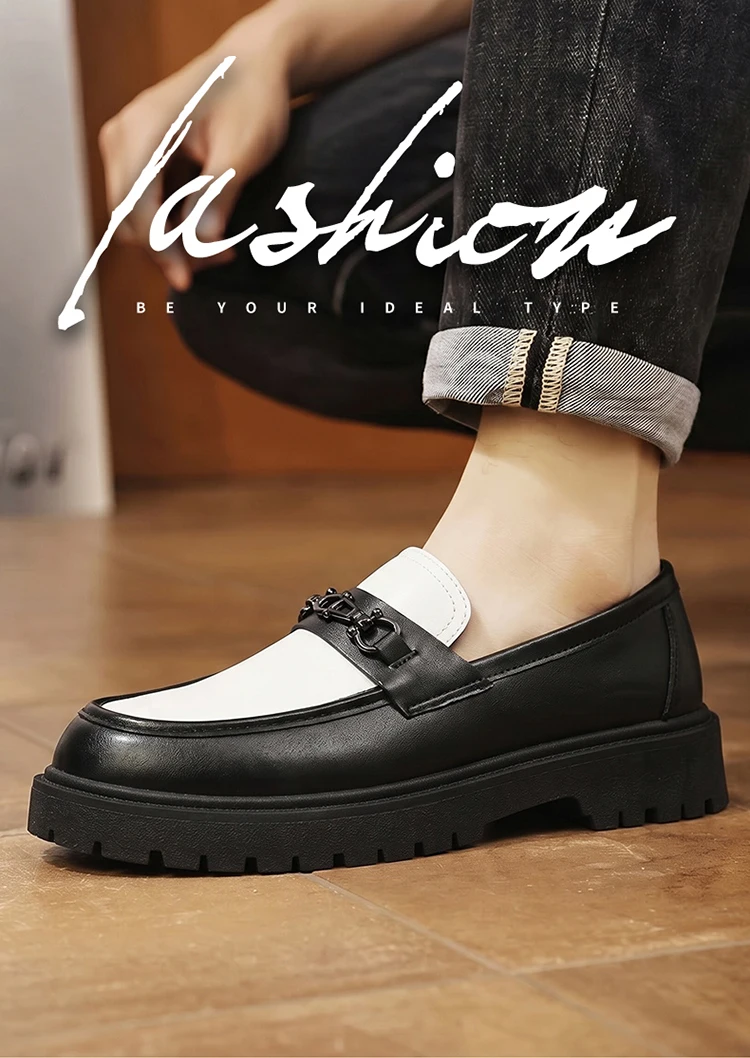 Herren-Loafer mit dicker Sohle, Metallschnalle, Slip-On-Lederschuhe, rutschfeste Plateau-Freizeitschuhe für Büro, Alltag und Party – Detail 1