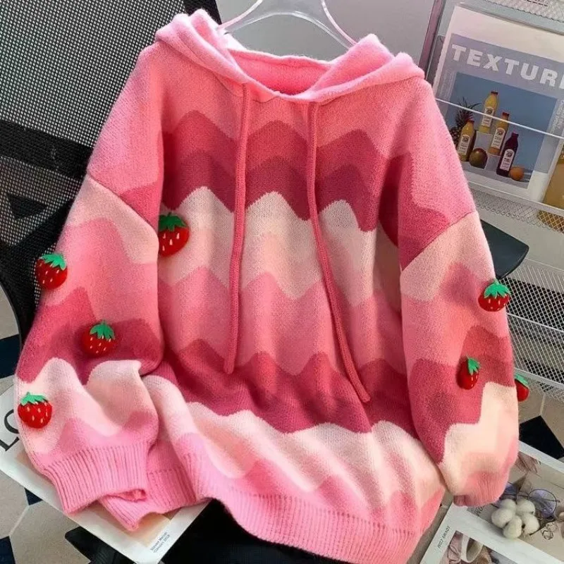 Japanese Sweet Pink Hoodies Pullover Women Clothing Cute 3D Strawberry Jumper Fashion Pink Knitted Sweater 2024 Ropa Mujer