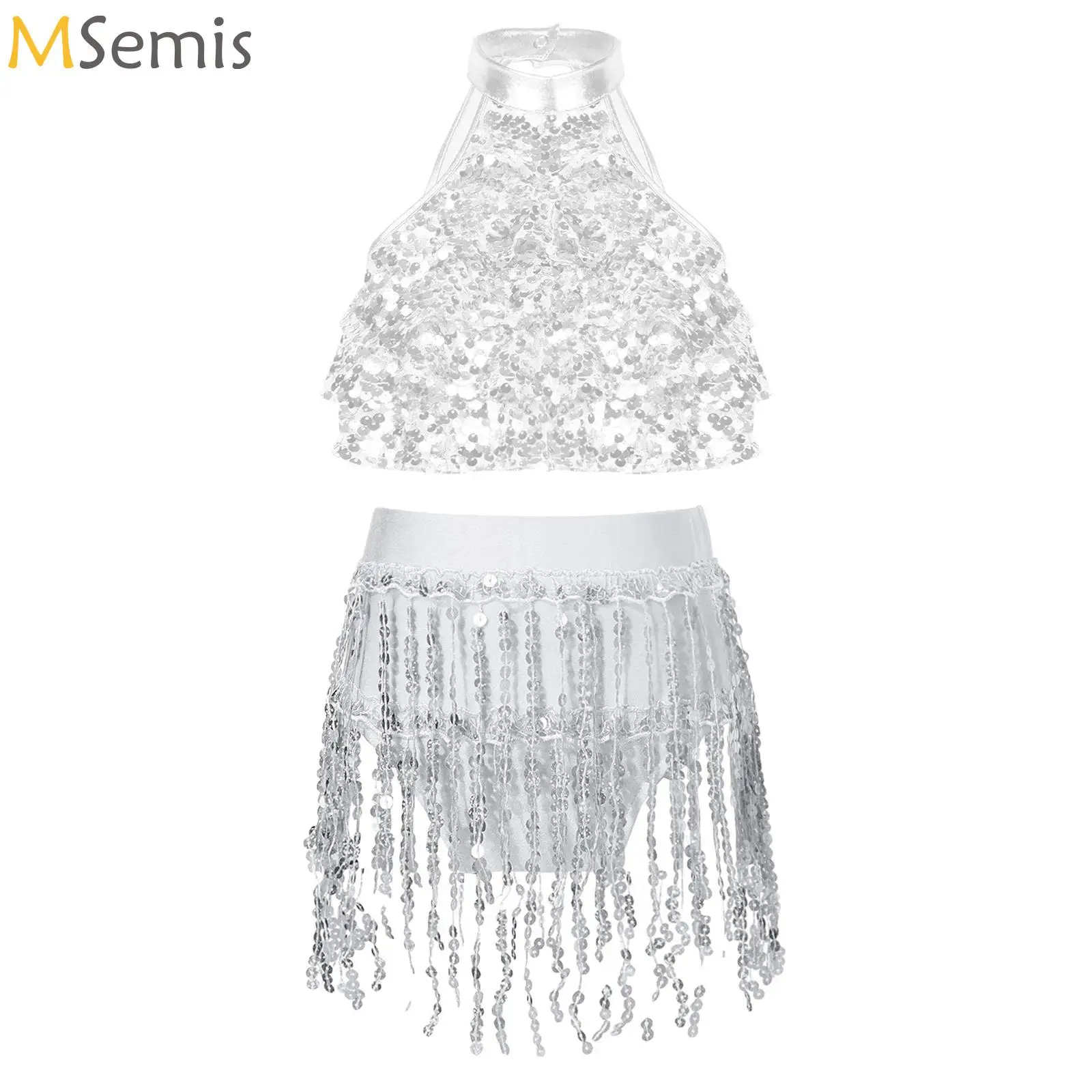 

Kids Girls Ballet Dance Sets Sequins Gymnastics Tops Sleeveless Tiered Crop Top with Tassel Briefs Suit Jazz Performance Costume