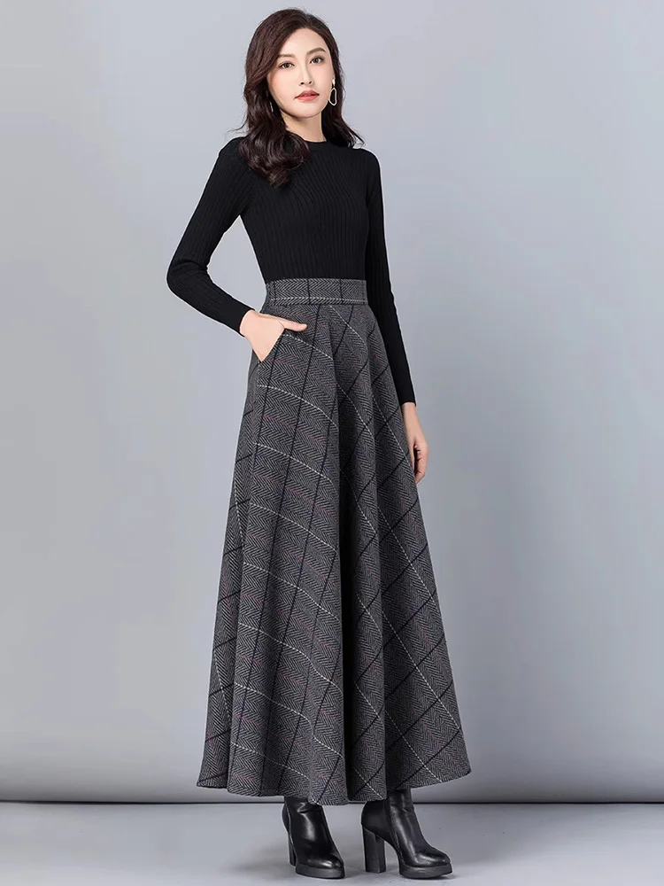New Women Thick Woolen Skirt Autumn Winter Fashion Elastic High Waist A-Line Long Plaid Skirt Elegant Easy Match Wool Skirt