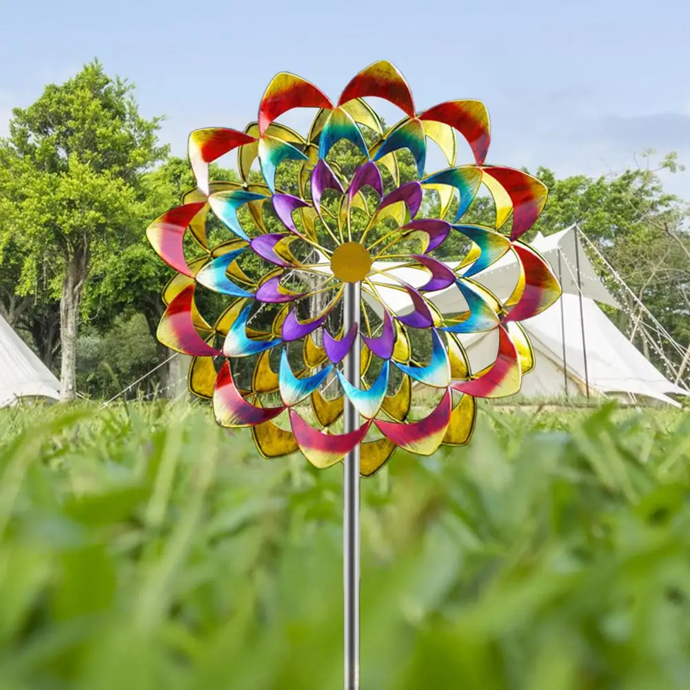 Colorful Flower Wind Spinner with Stake Weather-proof Garden Yard Lawn Metal Rotary Windmill Ground Spike Home Decoration