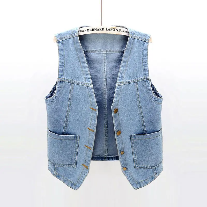 

Cowboy Vest Spring Summer Female Short Loose Korea Sleeveless Coat Vest Kam Shoulder Single Row Buckle Large Pocket