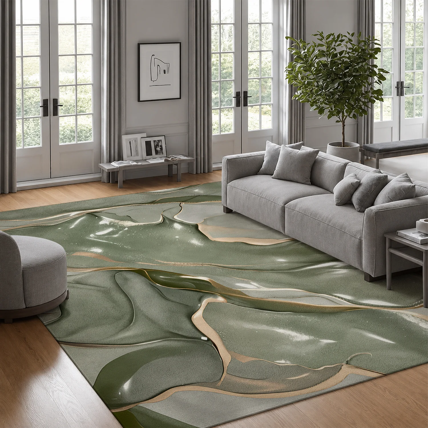 Large Indoor Area Rug, Soft Velvet Low Pile Rug with Non-Slip Dotted Backing, Machine Washable, Modern Abstract Marble Pattern in Sage Green and Gold, Ideal for Living Room, Bedroom, Entryway Home Decor