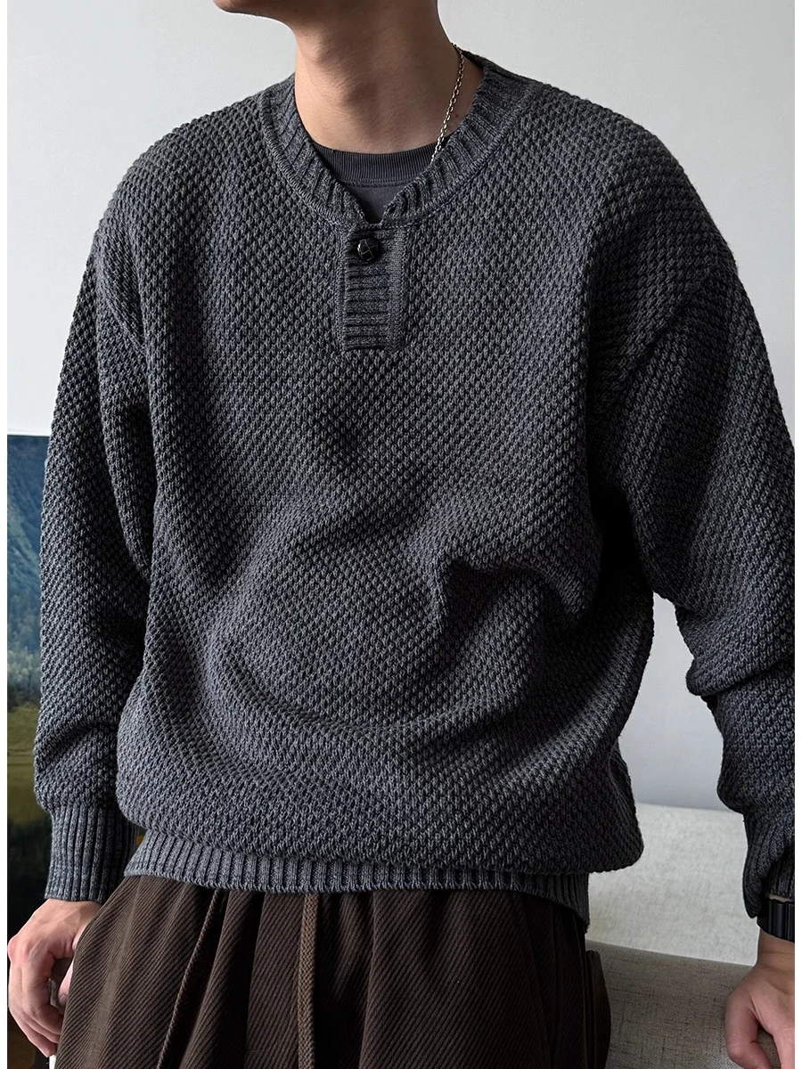 

Мужской теплый вязаный свитер оверсайз с воротником Хенри, узором «Ананас», фактурной вязкой, для осени и зимы