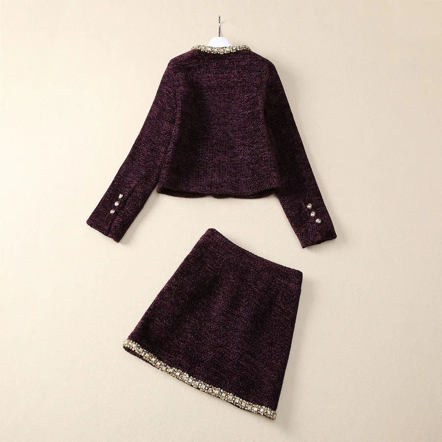 Europe and the United States women's 2024 autumn winter new Long sleeve stud drill tweed purple jacket skirt Fashion suit